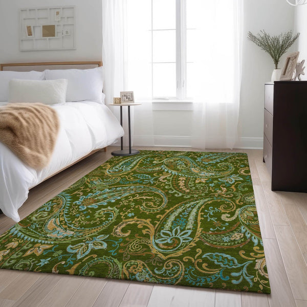 HomeRoots 10' X 14' Green and Blue Paisley Area Rug - Washable, UV Protected, Stain Resistant for Busy Homes 647974