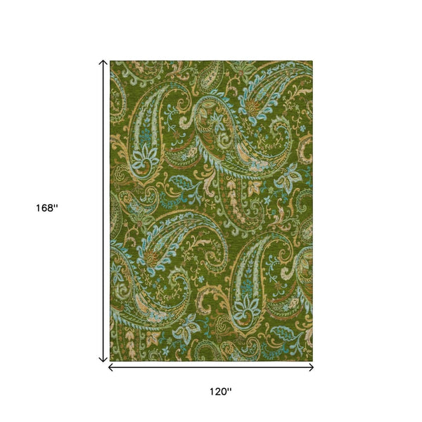HomeRoots 10' X 14' Green and Blue Paisley Area Rug - Washable, UV Protected, Stain Resistant for Busy Homes 647974