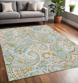 HomeRoots 5' X 8' Washable Paisley Area Rug in Soft Ivory, Blue & Green – UV Protected, Stain Resistant & Durable 647976
