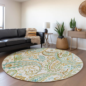 HomeRoots 8' Washable Round Rug in Ivory Blue Green Paisley - Stain-Resistant, UV Protected, Durable Design 647977