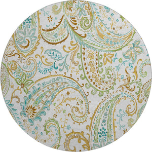 HomeRoots 8' Washable Round Rug in Ivory Blue Green Paisley - Stain-Resistant, UV Protected, Durable Design 647977