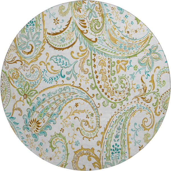 HomeRoots 8' Washable Round Rug in Ivory Blue Green Paisley - Stain-Resistant, UV Protected, Durable Design 647977