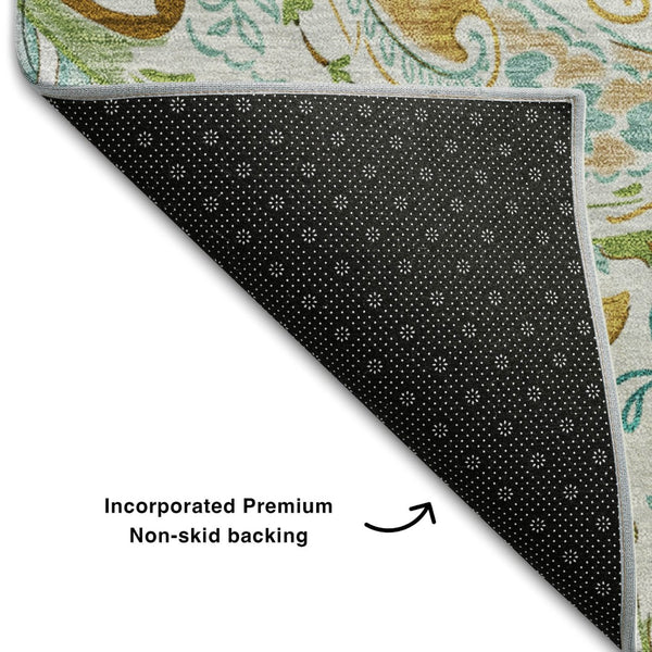HomeRoots 8' Washable Round Rug in Ivory Blue Green Paisley - Stain-Resistant, UV Protected, Durable Design 647977