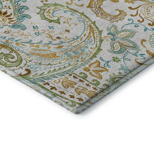 HomeRoots 8' Washable Round Rug in Ivory Blue Green Paisley - Stain-Resistant, UV Protected, Durable Design 647977