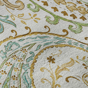 HomeRoots 8' Washable Round Rug in Ivory Blue Green Paisley - Stain-Resistant, UV Protected, Durable Design 647977