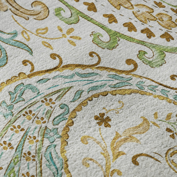 HomeRoots 8' Washable Round Rug in Ivory Blue Green Paisley - Stain-Resistant, UV Protected, Durable Design 647977