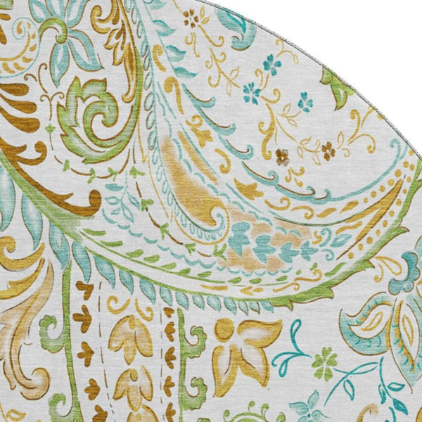 HomeRoots 8' Washable Round Rug in Ivory Blue Green Paisley - Stain-Resistant, UV Protected, Durable Design 647977