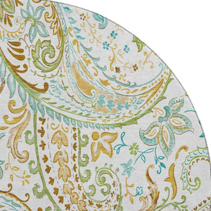 HomeRoots 8' Washable Round Rug in Ivory Blue Green Paisley - Stain-Resistant, UV Protected, Durable Design 647977