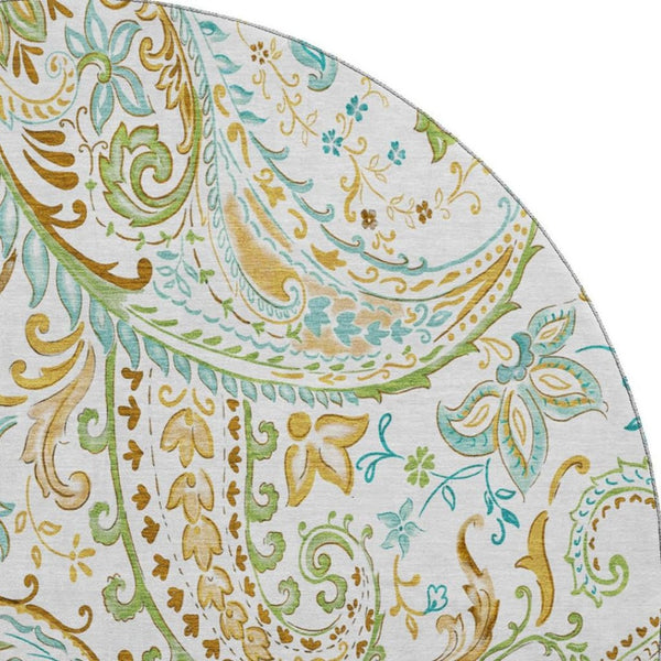 HomeRoots 8' Washable Round Rug in Ivory Blue Green Paisley - Stain-Resistant, UV Protected, Durable Design 647977