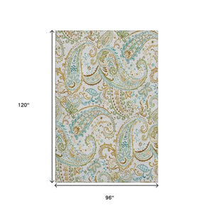 HomeRoots 8' X 10' Ivory, Blue & Green Paisley Area Rug - Washable, Stain Resistant, UV Protected Elegance! 647978