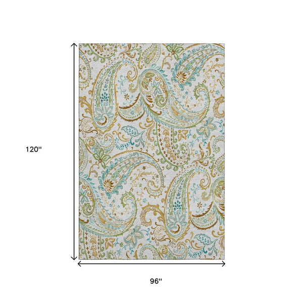 HomeRoots 8' X 10' Ivory, Blue & Green Paisley Area Rug - Washable, Stain Resistant, UV Protected Elegance! 647978