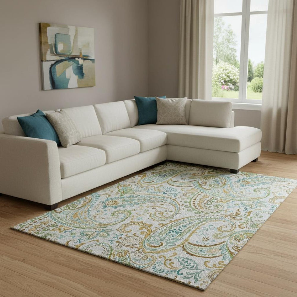 HomeRoots 8' X 10' Ivory, Blue & Green Paisley Area Rug - Washable, Stain Resistant, UV Protected Elegance! 647978