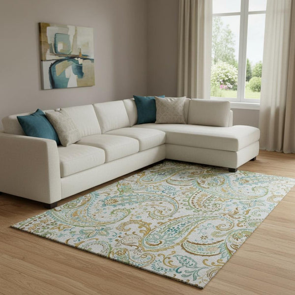 HomeRoots 8' X 10' Ivory, Blue & Green Paisley Area Rug - Washable, Stain Resistant, UV Protected Elegance! 647978