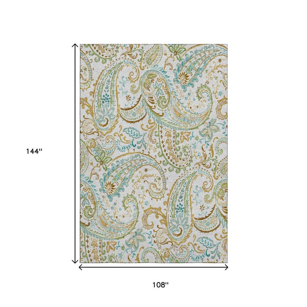 HomeRoots 9' X 12' Durable Ivory Blue Green Paisley Area Rug - Washable, Stain Resistant & UV Protected! 647979