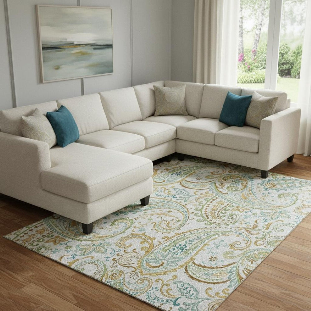 HomeRoots 9' X 12' Durable Ivory Blue Green Paisley Area Rug - Washable, Stain Resistant & UV Protected! 647979