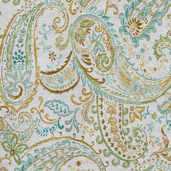 HomeRoots 9' X 12' Durable Ivory Blue Green Paisley Area Rug - Washable, Stain Resistant & UV Protected! 647979
