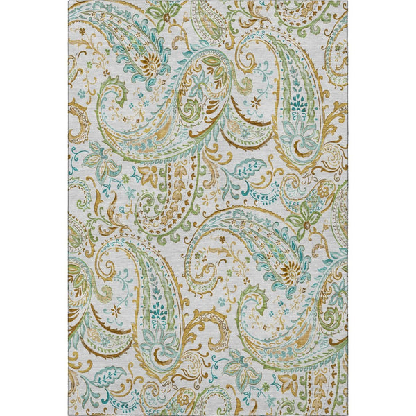 HomeRoots 9' X 12' Durable Ivory Blue Green Paisley Area Rug - Washable, Stain Resistant & UV Protected! 647979
