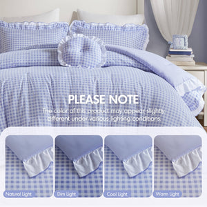 English Elm 4-piece Gingham Ruffle Comforter Set Romantic Cottage Bedroom Brushed Polyester Fill Blue B035P463186