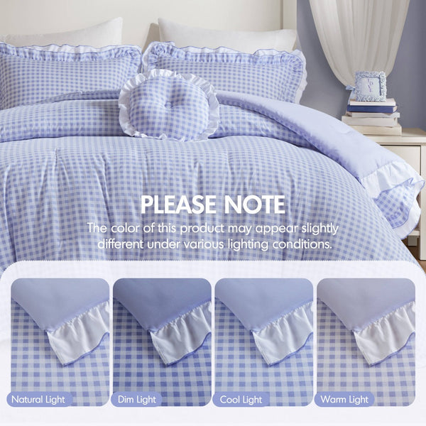 English Elm 4-piece Gingham Ruffle Comforter Set Romantic Cottage Bedroom Brushed Polyester Fill Blue B035P463186