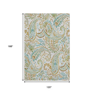 HomeRoots 10' x 14' Washable Ivory Blue & Green Paisley Area Rug with UV Protection for Kids & Pets' Safety 647980