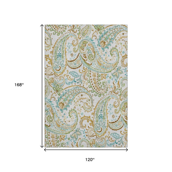 HomeRoots 10' x 14' Washable Ivory Blue & Green Paisley Area Rug with UV Protection for Kids & Pets' Safety 647980