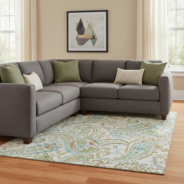 HomeRoots 10' x 14' Washable Ivory Blue & Green Paisley Area Rug with UV Protection for Kids & Pets' Safety 647980