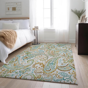 HomeRoots 10' x 14' Washable Ivory Blue & Green Paisley Area Rug with UV Protection for Kids & Pets' Safety 647980