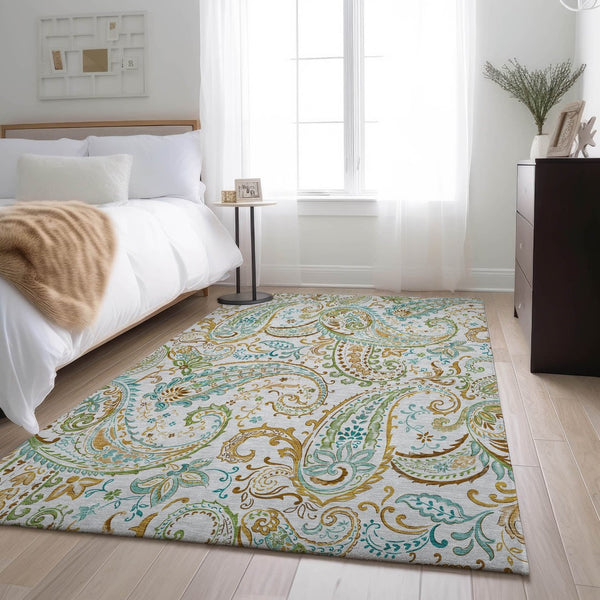 HomeRoots 10' x 14' Washable Ivory Blue & Green Paisley Area Rug with UV Protection for Kids & Pets' Safety 647980