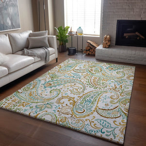 HomeRoots 10' x 14' Washable Ivory Blue & Green Paisley Area Rug with UV Protection for Kids & Pets' Safety 647980