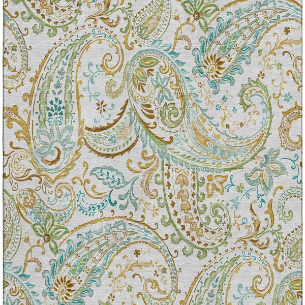 HomeRoots 10' x 14' Washable Ivory Blue & Green Paisley Area Rug with UV Protection for Kids & Pets' Safety 647980
