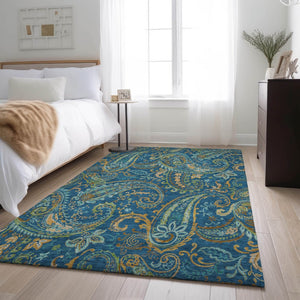 HomeRoots 5' X 8' Washable Navy Green Gold Paisley Area Rug with UV Protection for Stylish, Durable Living Spaces 647982