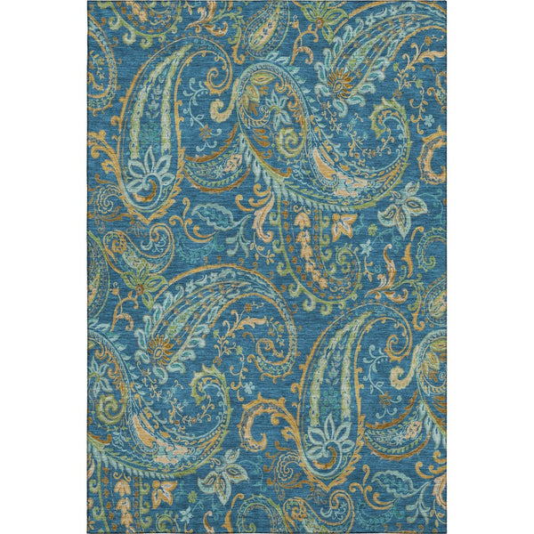HomeRoots 5' X 8' Washable Navy Green Gold Paisley Area Rug with UV Protection for Stylish, Durable Living Spaces 647982