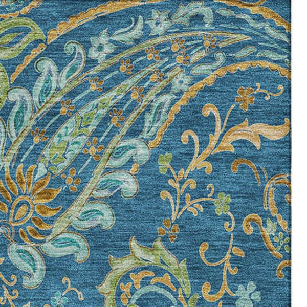 HomeRoots 5' X 8' Washable Navy Green Gold Paisley Area Rug with UV Protection for Stylish, Durable Living Spaces 647982