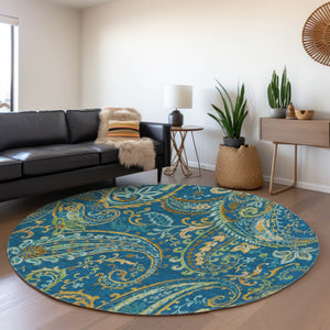 HomeRoots 8' Washable Navy Blue, Green & Gold Paisley Round Rug with UV Protection for Stylish Living Spaces 647983