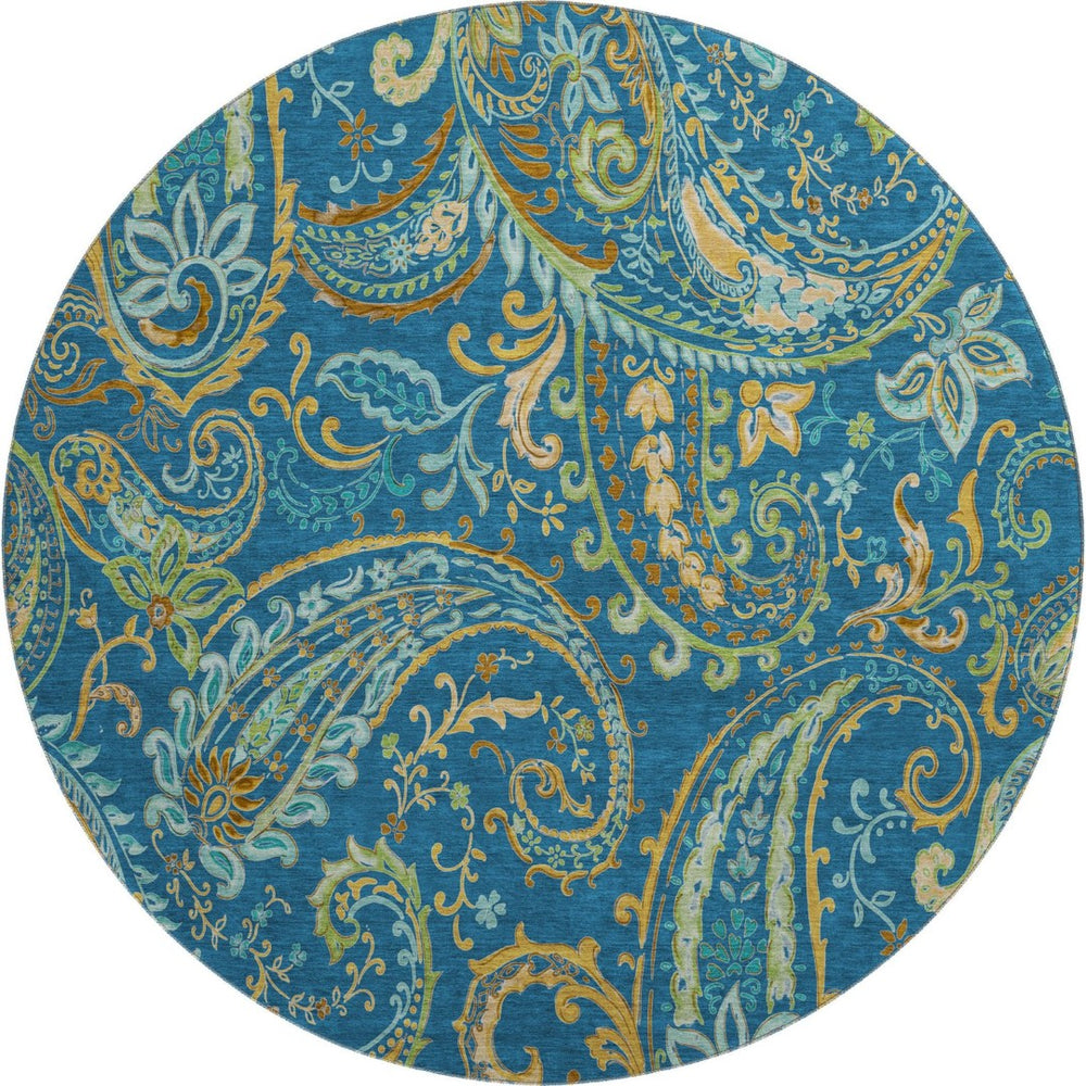 HomeRoots 8' Washable Navy Blue, Green & Gold Paisley Round Rug with UV Protection for Stylish Living Spaces 647983