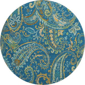 HomeRoots 8' Washable Navy Blue, Green & Gold Paisley Round Rug with UV Protection for Stylish Living Spaces 647983