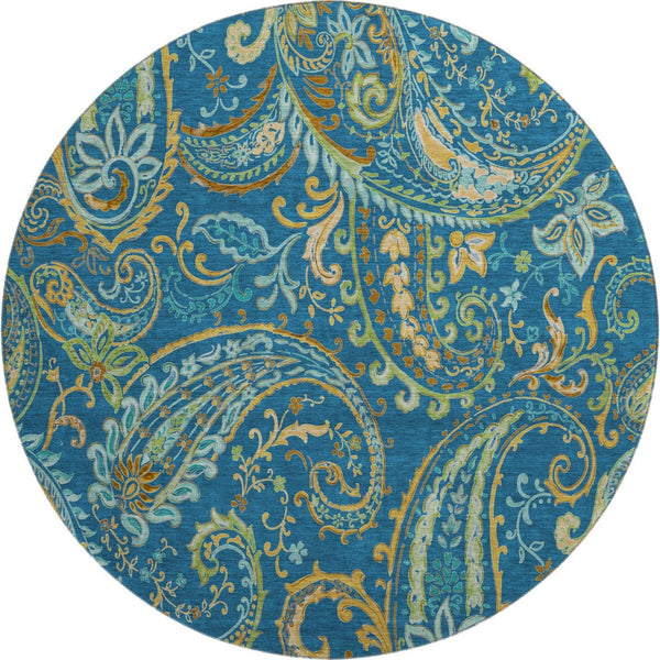 HomeRoots 8' Washable Navy Blue, Green & Gold Paisley Round Rug with UV Protection for Stylish Living Spaces 647983