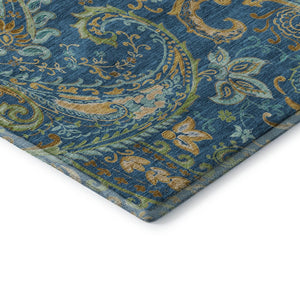 HomeRoots 8' Washable Navy Blue, Green & Gold Paisley Round Rug with UV Protection for Stylish Living Spaces 647983