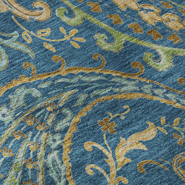 HomeRoots 8' Washable Navy Blue, Green & Gold Paisley Round Rug with UV Protection for Stylish Living Spaces 647983