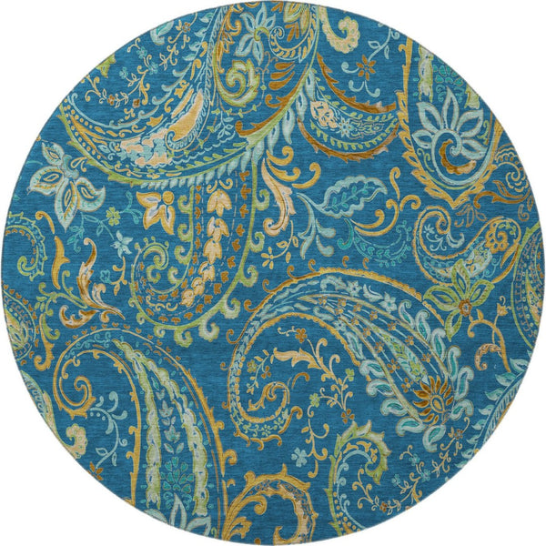 HomeRoots 8' Washable Navy Blue, Green & Gold Paisley Round Rug with UV Protection for Stylish Living Spaces 647983