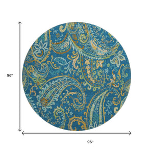 HomeRoots 8' Washable Navy Blue, Green & Gold Paisley Round Rug with UV Protection for Stylish Living Spaces 647983