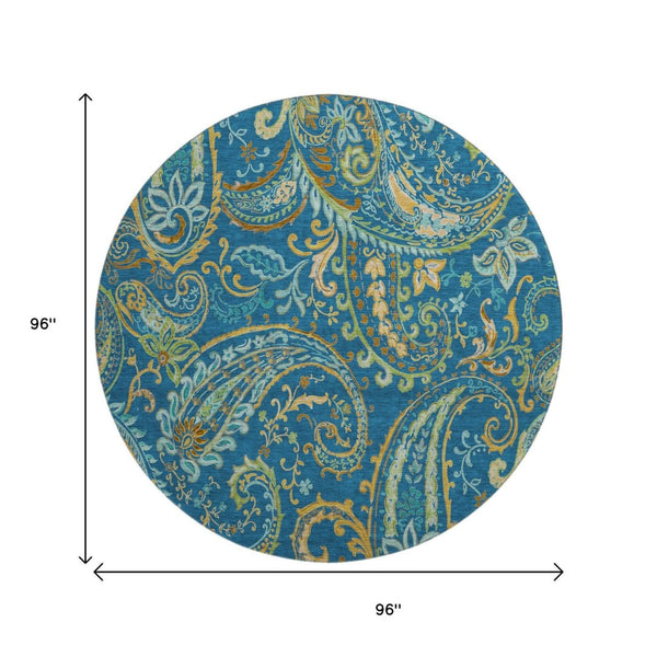 HomeRoots 8' Washable Navy Blue, Green & Gold Paisley Round Rug with UV Protection for Stylish Living Spaces 647983