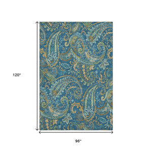 HomeRoots 8' X 10' Elegant Navy Green Gold Paisley Washable Area Rug - Durable, UV-Protected, Family-Friendly! 647984