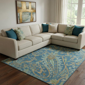 HomeRoots 8' X 10' Elegant Navy Green Gold Paisley Washable Area Rug - Durable, UV-Protected, Family-Friendly! 647984