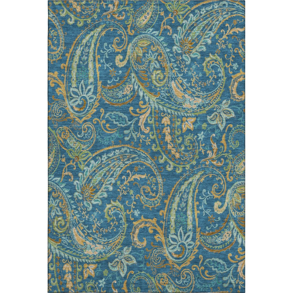 HomeRoots 8' X 10' Elegant Navy Green Gold Paisley Washable Area Rug - Durable, UV-Protected, Family-Friendly! 647984