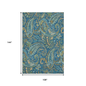 HomeRoots 9' X 12' Navy Green Gold Paisley Washable Area Rug – Durable, UV-Protected, Ideal for Homes with Kids 647985