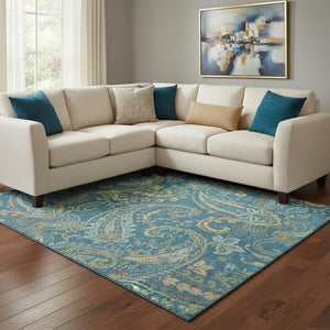 HomeRoots 9' X 12' Navy Green Gold Paisley Washable Area Rug – Durable, UV-Protected, Ideal for Homes with Kids 647985