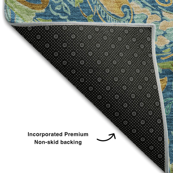 HomeRoots 9' X 12' Navy Green Gold Paisley Washable Area Rug – Durable, UV-Protected, Ideal for Homes with Kids 647985