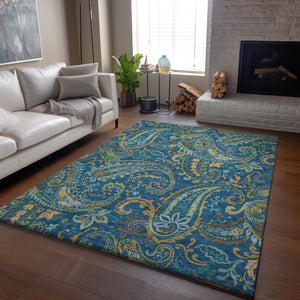 HomeRoots 9' X 12' Navy Green Gold Paisley Washable Area Rug – Durable, UV-Protected, Ideal for Homes with Kids 647985
