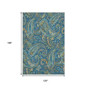 HomeRoots 10' X 14' Washable Navy Blue Green Gold Paisley Area Rug with UV Protection for High-Traffic Spaces 647986